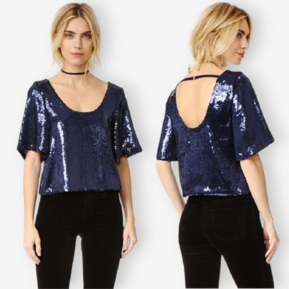 Free People Night Fever Navy Blue All Over Sequin Scoop Neck Short Sleeve Top L